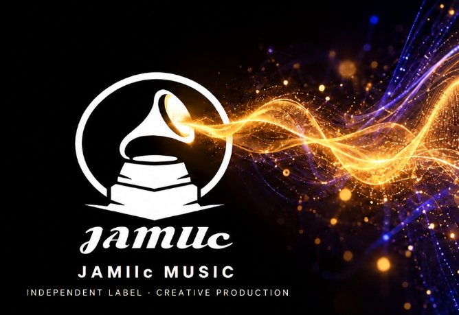 JAMllc Music — Independent label and creative production, with gold and blue sound waves