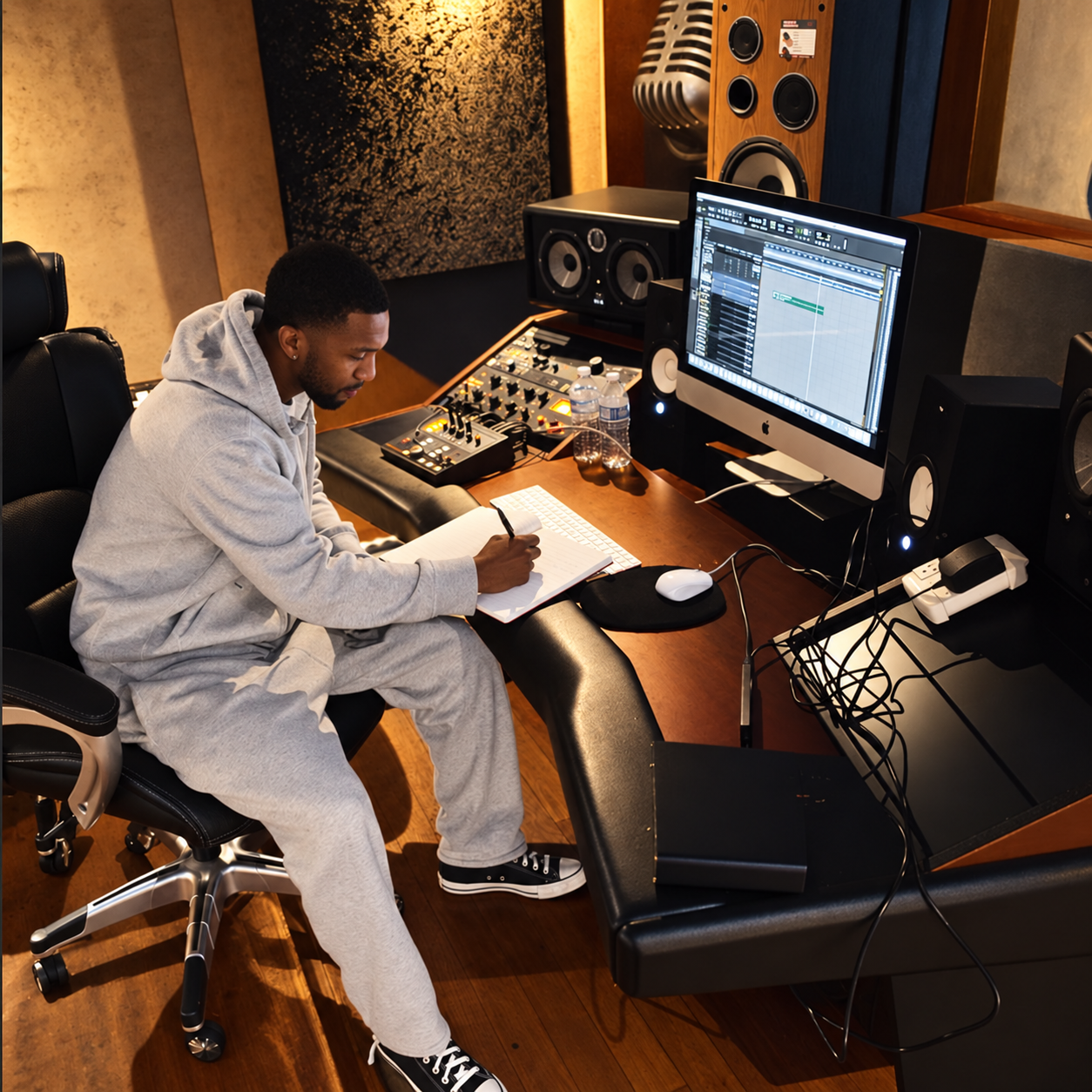 J. Adams writing at a recording studio desk